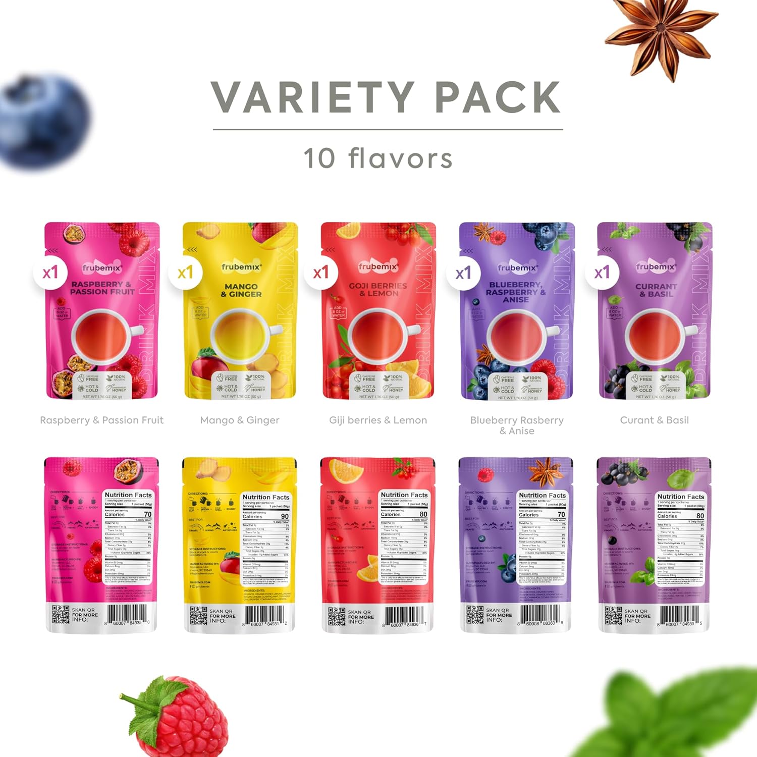 Frubemix Fruit & Berry Blend – Honey-Sweetened, Purée-Based Drink Mix for Sparkling Refreshers, Cocktails & Mocktails | Enjoy Hot or Iced | No Artificial Flavors, 100% Natural | Variety Pack (10)