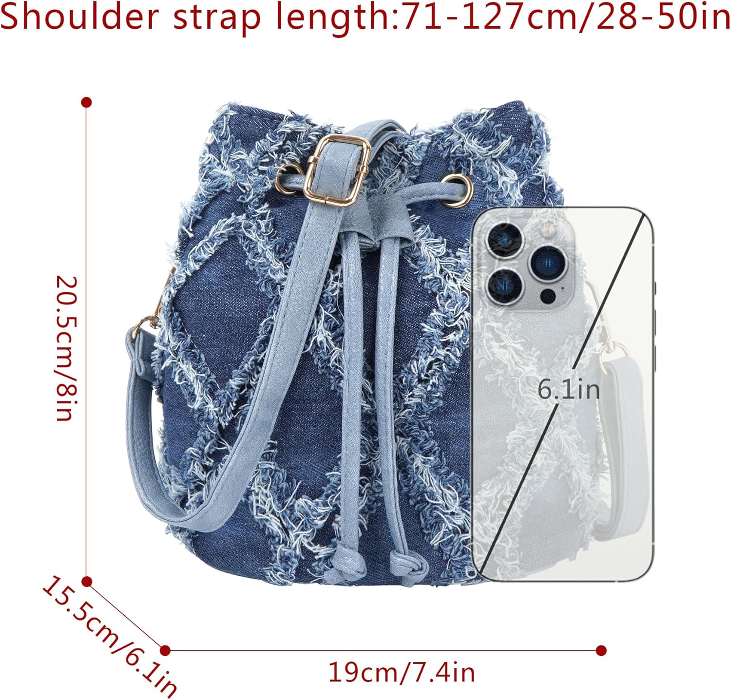 Women Denim Mini Bucket Shoulder Crossbody Bag Drawstring Quilted Distressed Tassel Barrel Shape Satchel Purse - Image 5