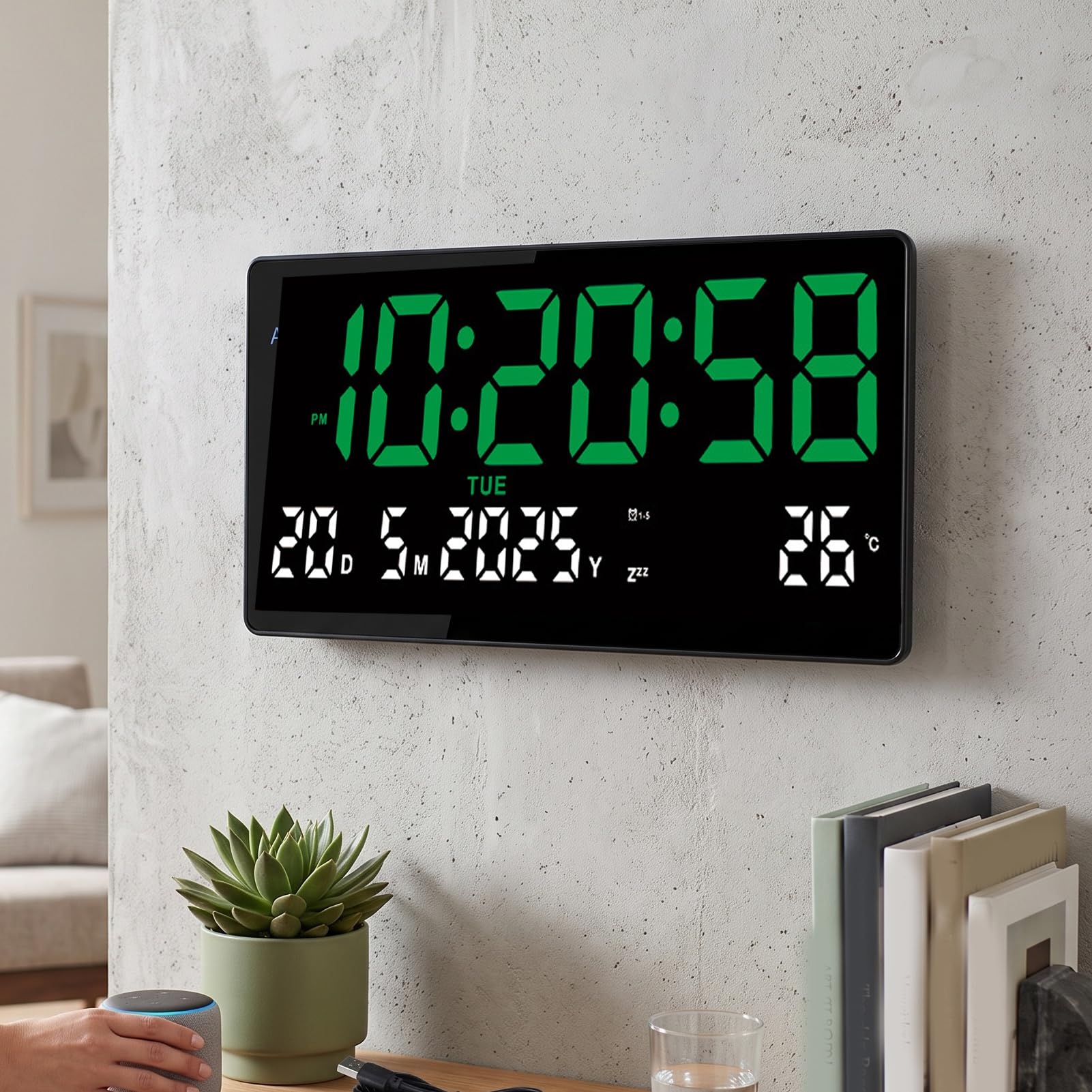 Reloj Despertador LCD Digital Pantalla de Calendario de Temperatura Moderna Brillo Adaptable para Escritorio de Estudio 36,2x15,8 Cm