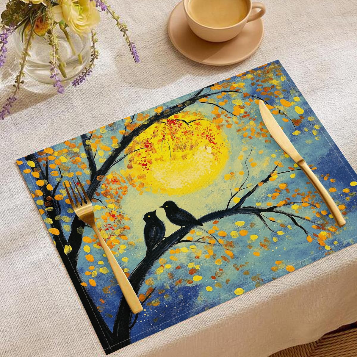 Set de table lavable enfant motif brindilles oiseaux pour repas de fête en famille