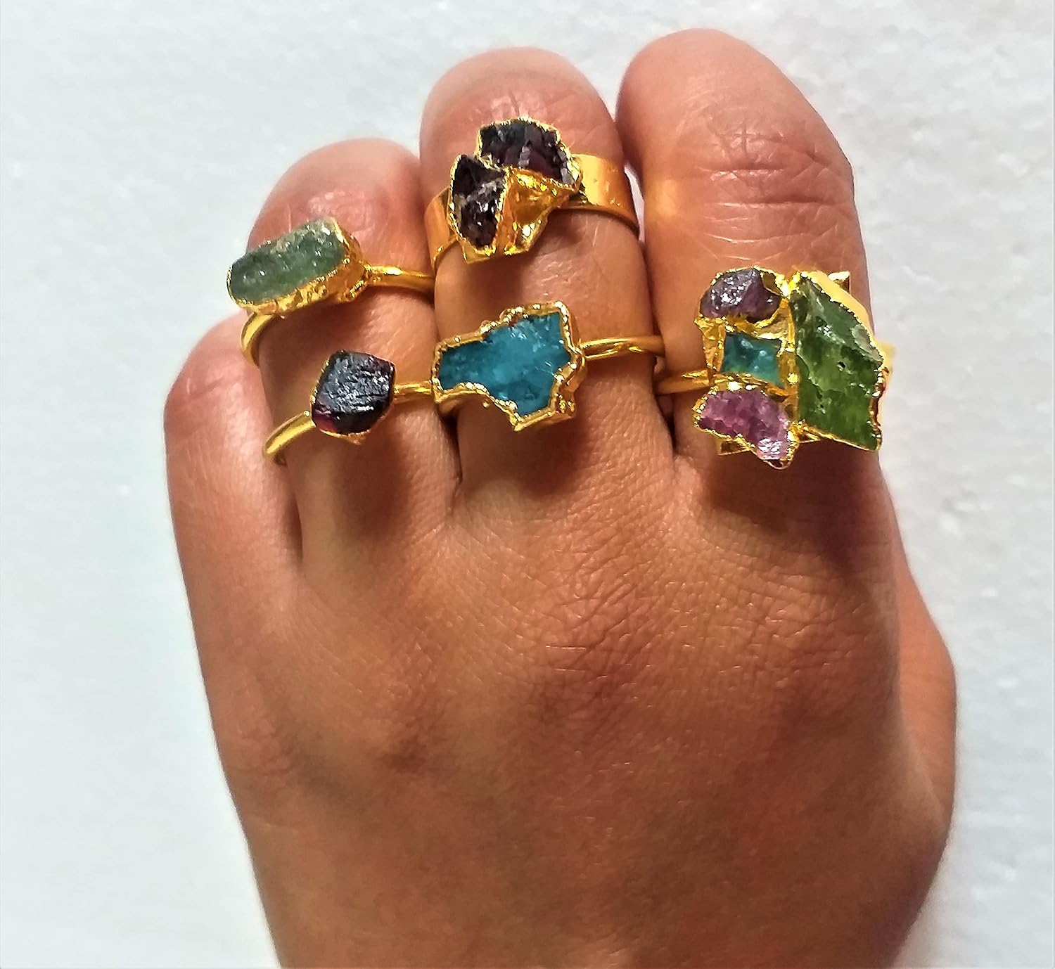 Gold Plated Raw Gemstone Rings, Natural Iolite, Natural Garnet, peridot and Aqua marine Raw Stone Ring, Multistone Ring, Handmade Jewelry, Best Christmas Ring, Gifts for Friends