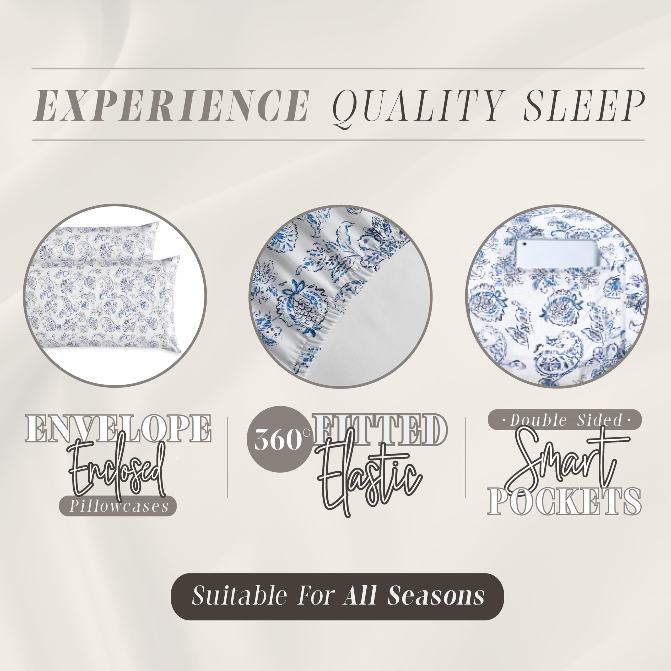 Elegant Comfort Amelia - Juego de sábanas de 6 Piezas con Estampado de Cachemira, Bolsillo Profundo 1500, Calidad de Hotel, Resistente a la decoloración y a Las Arrugas, sábanas bajeras con Bolsillos