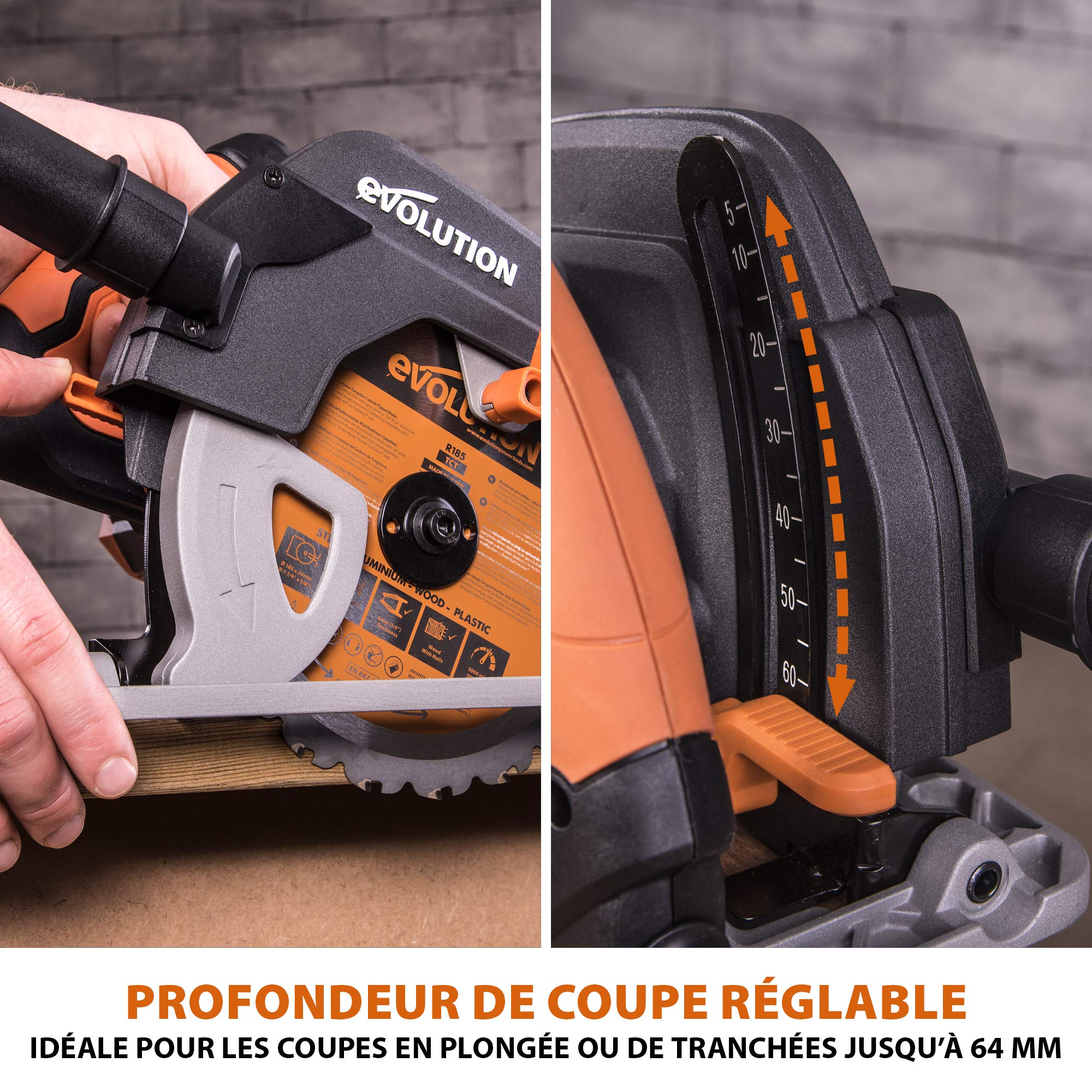 Evolution Power Tools Scie Circulaire - Coupe Multi-Matériaux - Le Bois, Le Plastique, Le Métal - Biseau 0° - 60 - Profondeur de coupe de 64 mm - Guide Parallèles - Lame Incluse 185mm - R185CCS