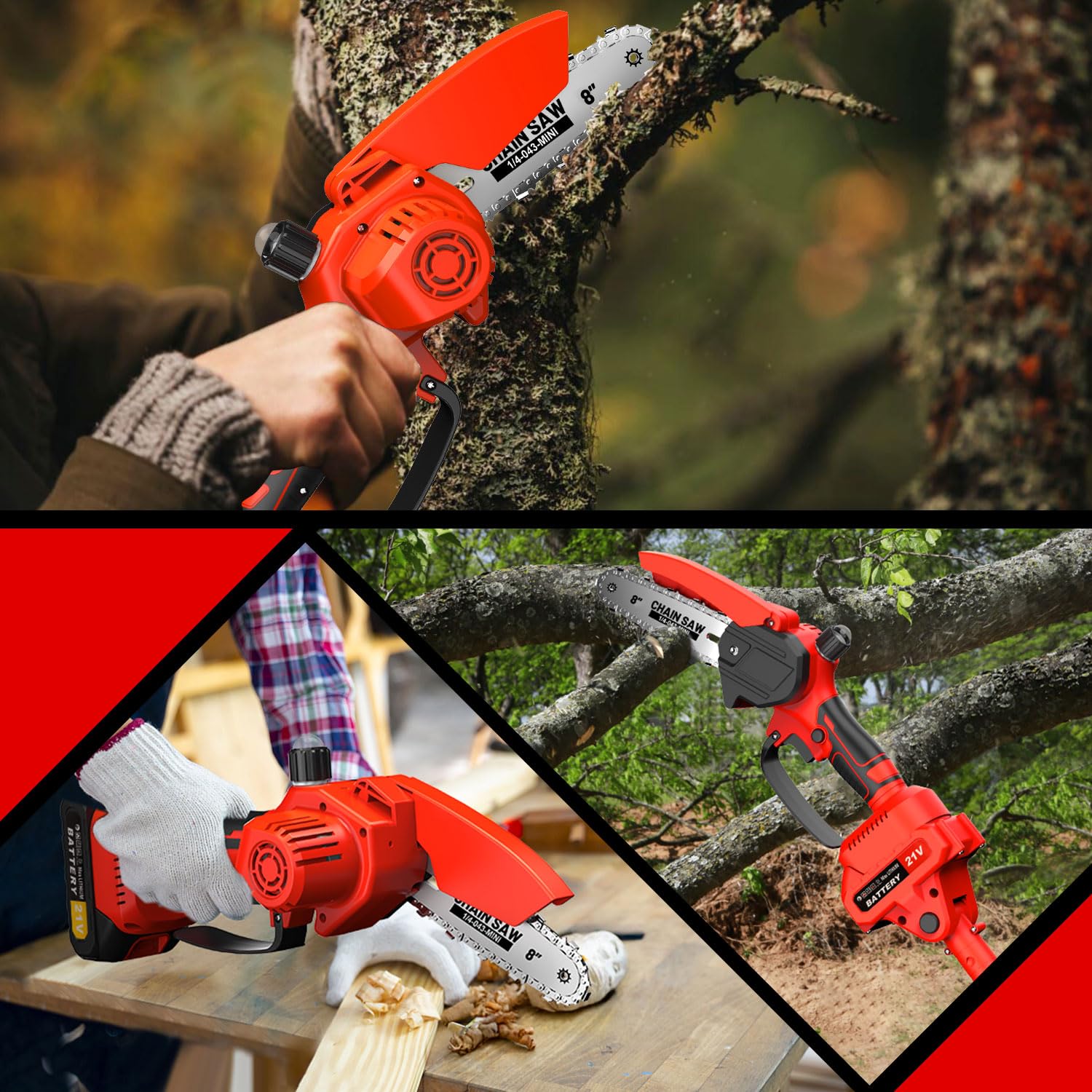 Forbice da Potatura a Batteria,2 in 1 Motosega Telescopico,Mini Motosega,8 Pollici Sega Elettrica Telescopica per Potatura,Con Guanti,Occhiali Protettivi,per Taglio Del Legno,Alberi e Giardini(rosso)