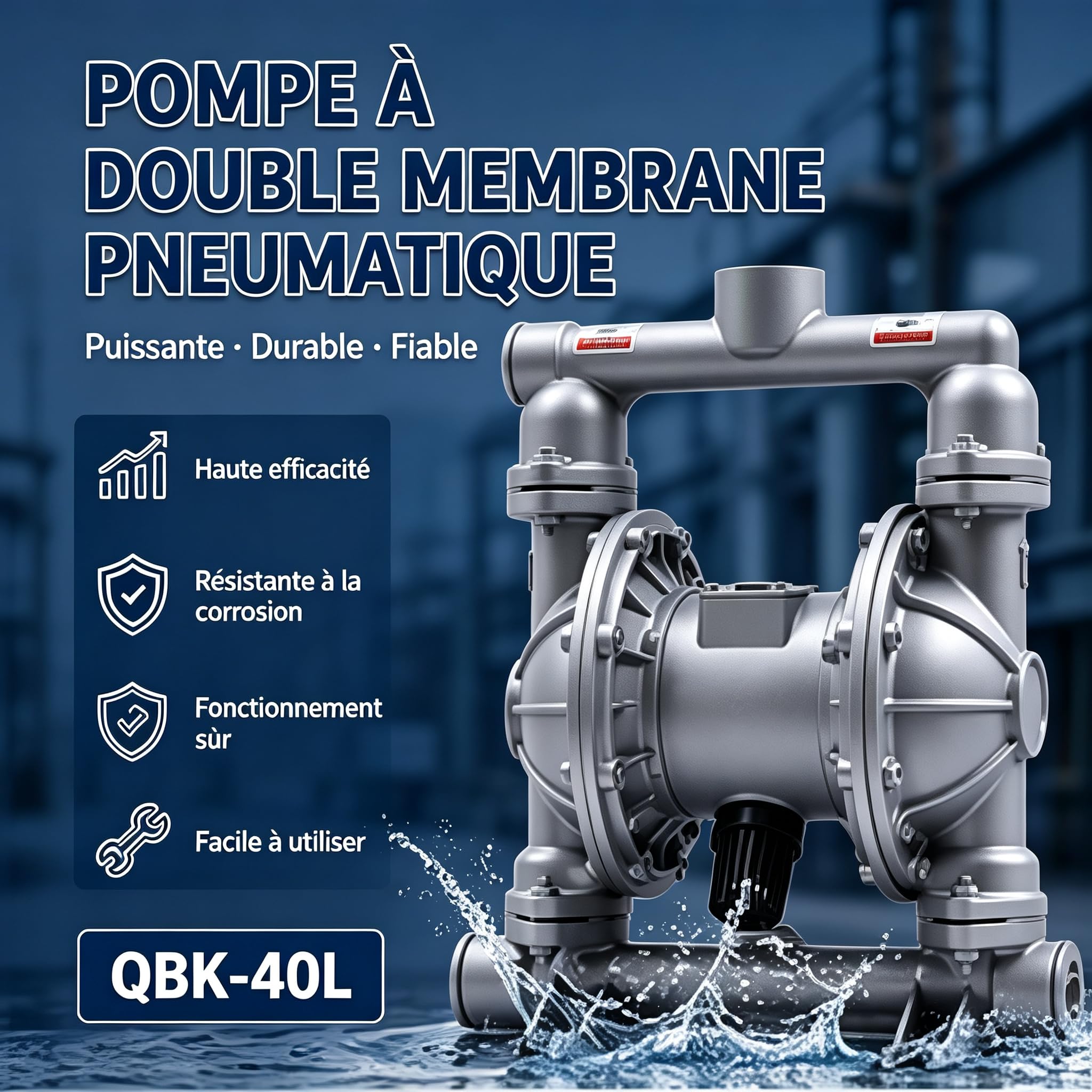 OUKANING Pompe à membrane 1/2" entrée et sortie de 4" Pompe à double membrane pneumatique Pompe à membrane pneumatique Boîtier en aluminium Pompe de transfert pneumatique PTFE à membrane pour pétrole,