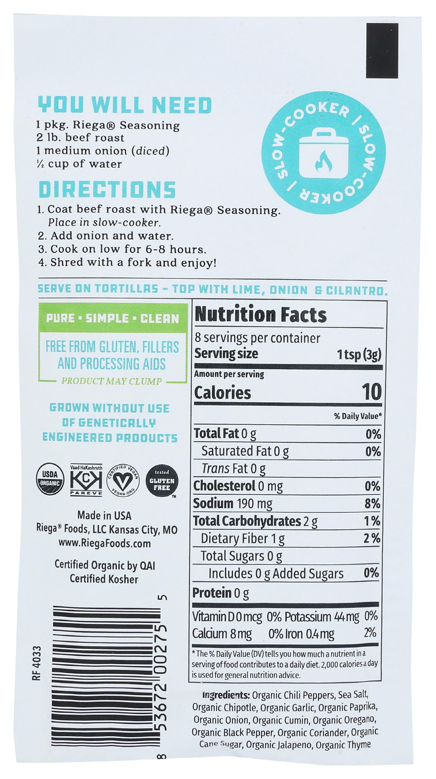 Riega, Seasoning Street Taco Barbacoa Organic, 0.9 Ounce thumbnail 2