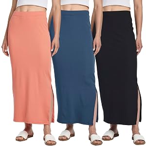 Real Essentials 3 Pack Womens Ribbed High Waisted Maxi Skirt with Side Slit - Casual Long Pencil Skirt