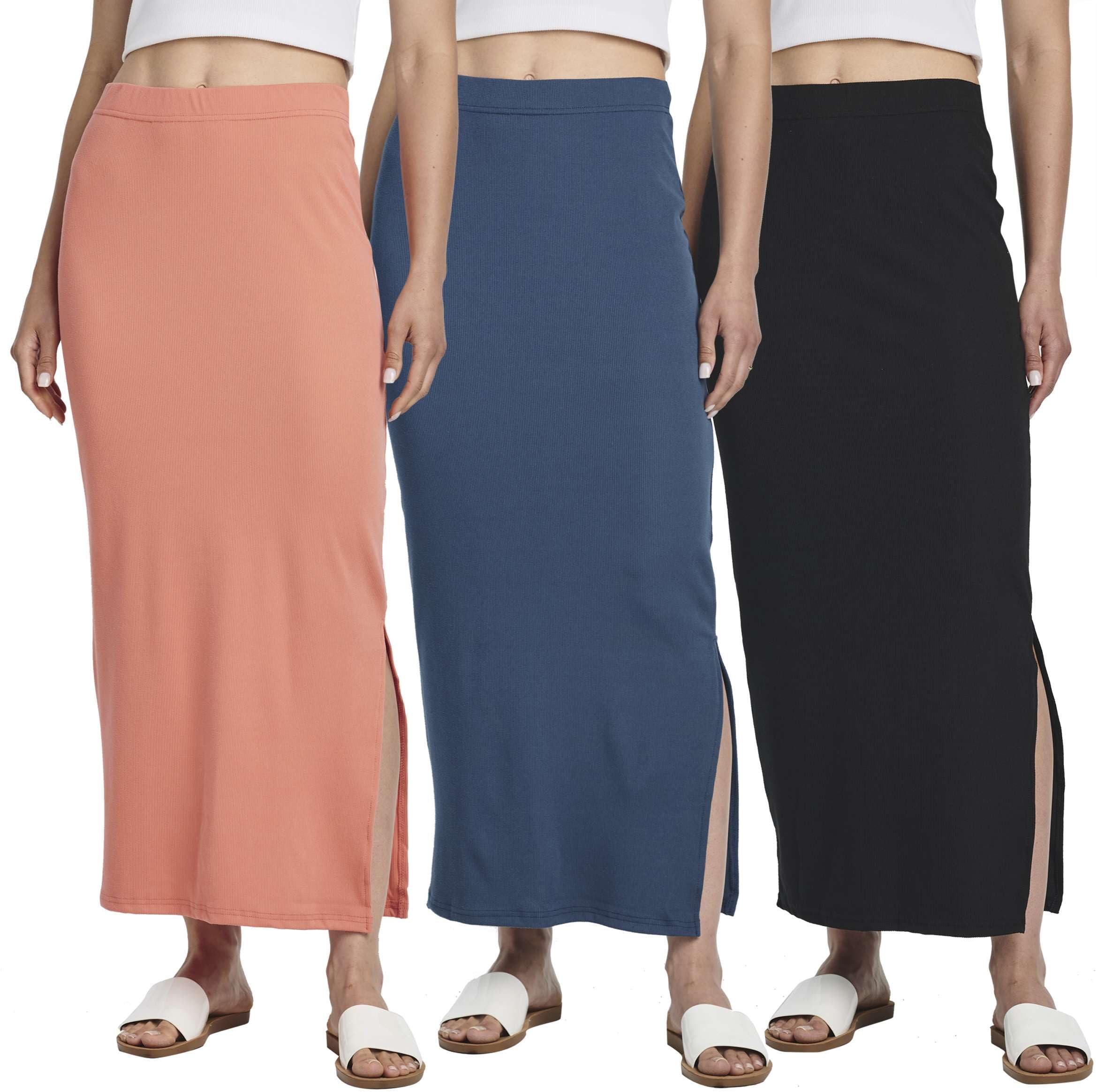 Real Essentials 3 Pack Womens Ribbed High Waisted Maxi Skirt with Side Slit - Casual Long Pencil Skirt