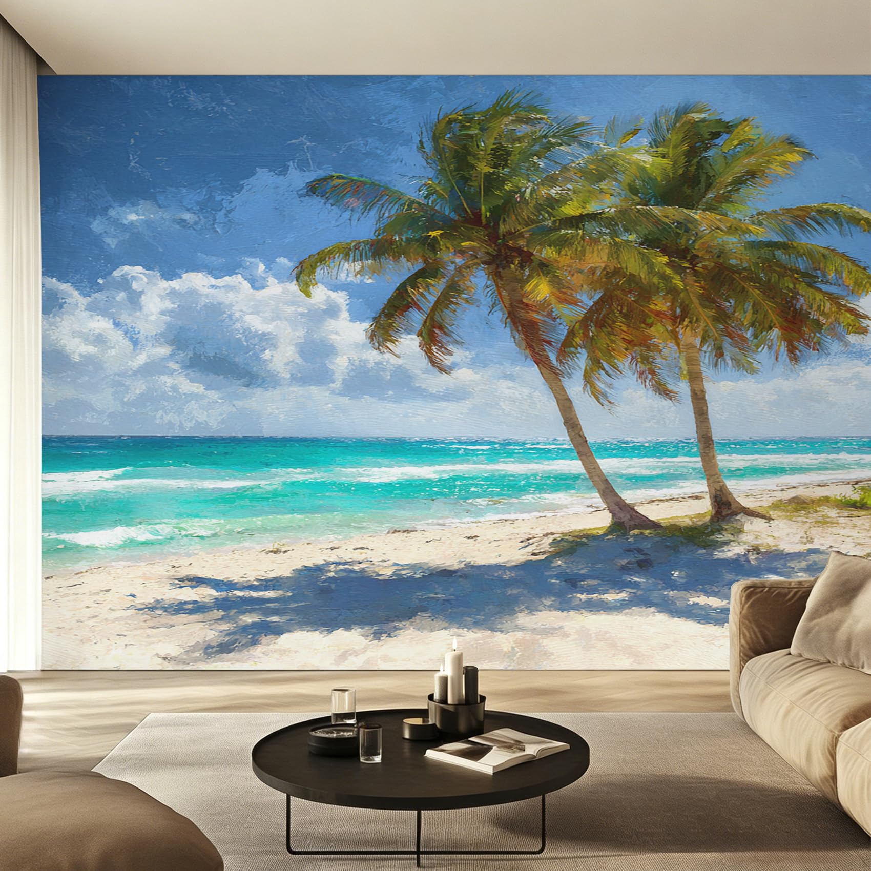 Papier peint panoramique mer et palmier tropical intissé pour salon - 250 x 175 cm