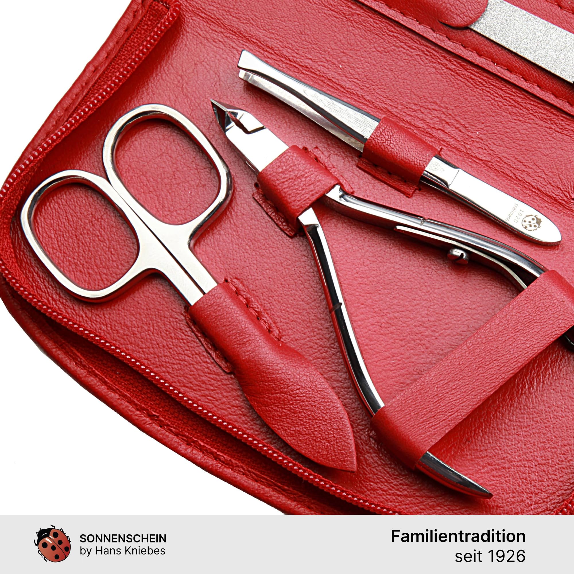 Sonnenschein by Hans Kniebes | Maniküre Set 7 teilig | Nagelschere, Hautzange, Nagelknipser, Nagelfeile, Pinzette, Nageldrücker, Nagelmesser | Nagelpflegeset Nappa-Lammleder Manicure Etui (Rot)