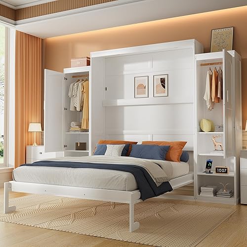 Queen Size Murphy Bed with 2 Wardrobe and Storage Drawer, for Adult,Girls,Boys,Solid Wood Cabinet Bed Frame/Multifunctional Hidden Wall Bed Cabinet,Space-Saving,No Box Spring Needed,White