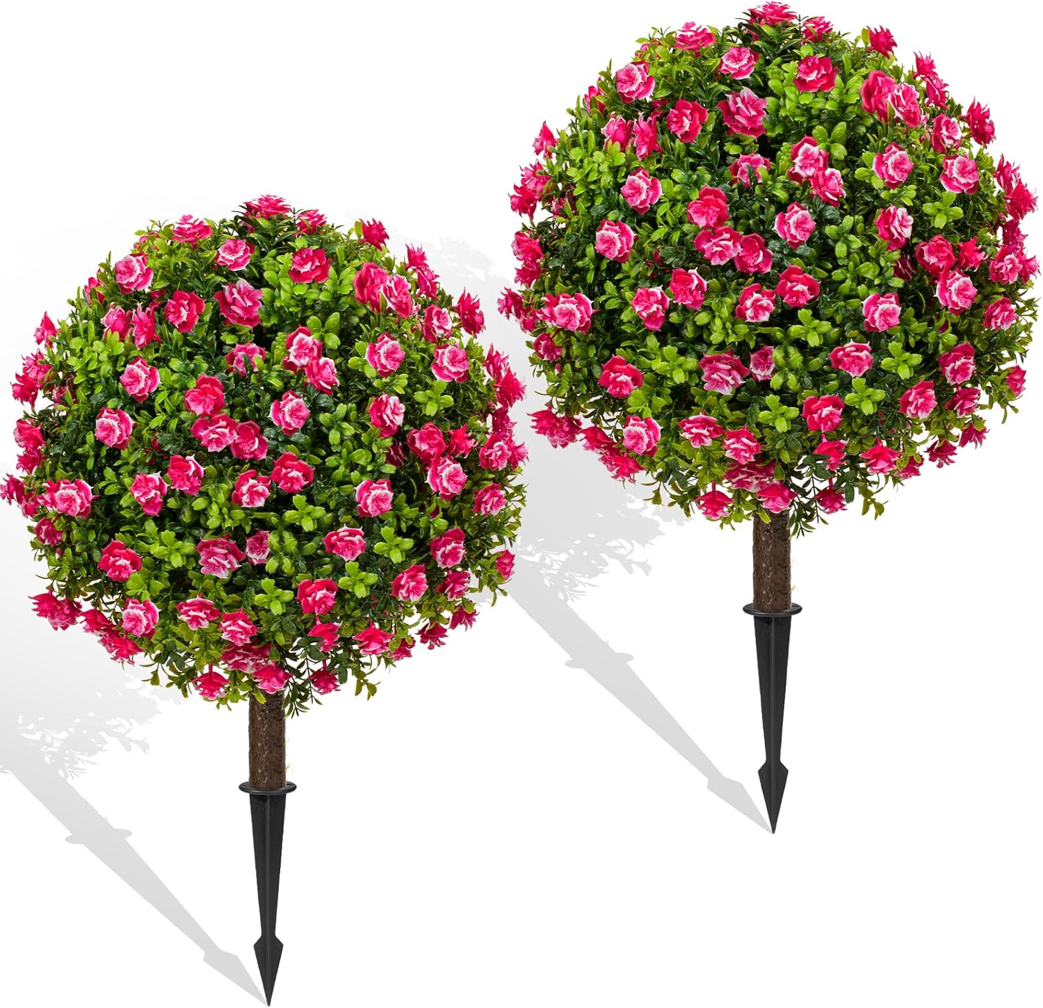 Artificial Plants Outdoor – 18″ Wide Set of 2 Faux Boxwood Plants for Outdoor Planters, UV Resistant Artificial Topairy Ball Trees with Spike for Front Porch Decor