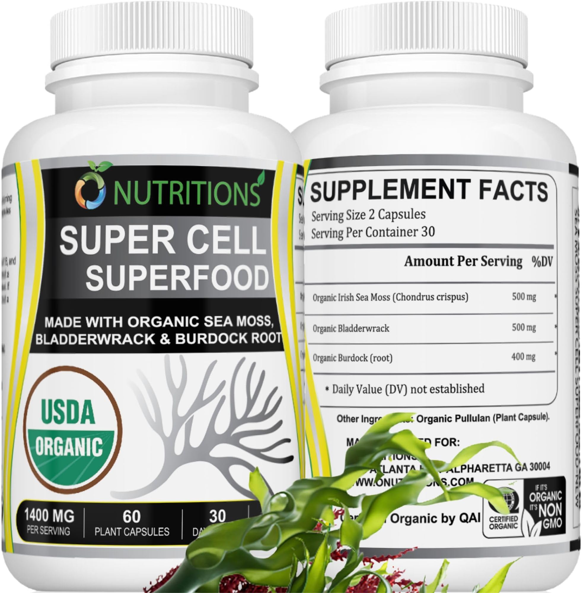 Sea Moss 60 Capsules USDA Certified Organic Irish Sea Moss Capsules with Bladderwrack & Burdock Root – Immune Support Supplement for Men and Women – Womens Vitamins and Mens Vitamins (1 Pack)