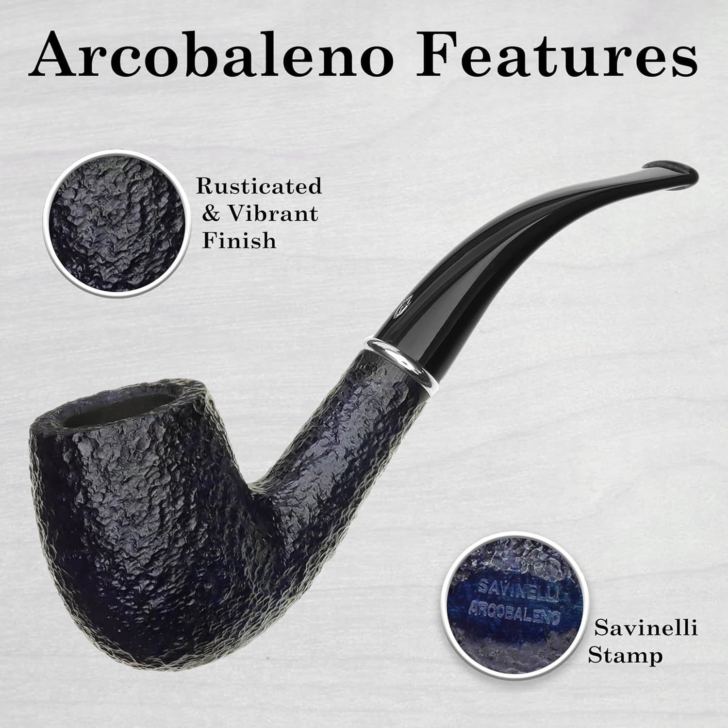 Savinelli Arcobaleno Rusticated 606 KS - Classic Hand Crafted Wood Pipes, Handmade Briar Pipe From Italy, Bent Billiard (Blue)