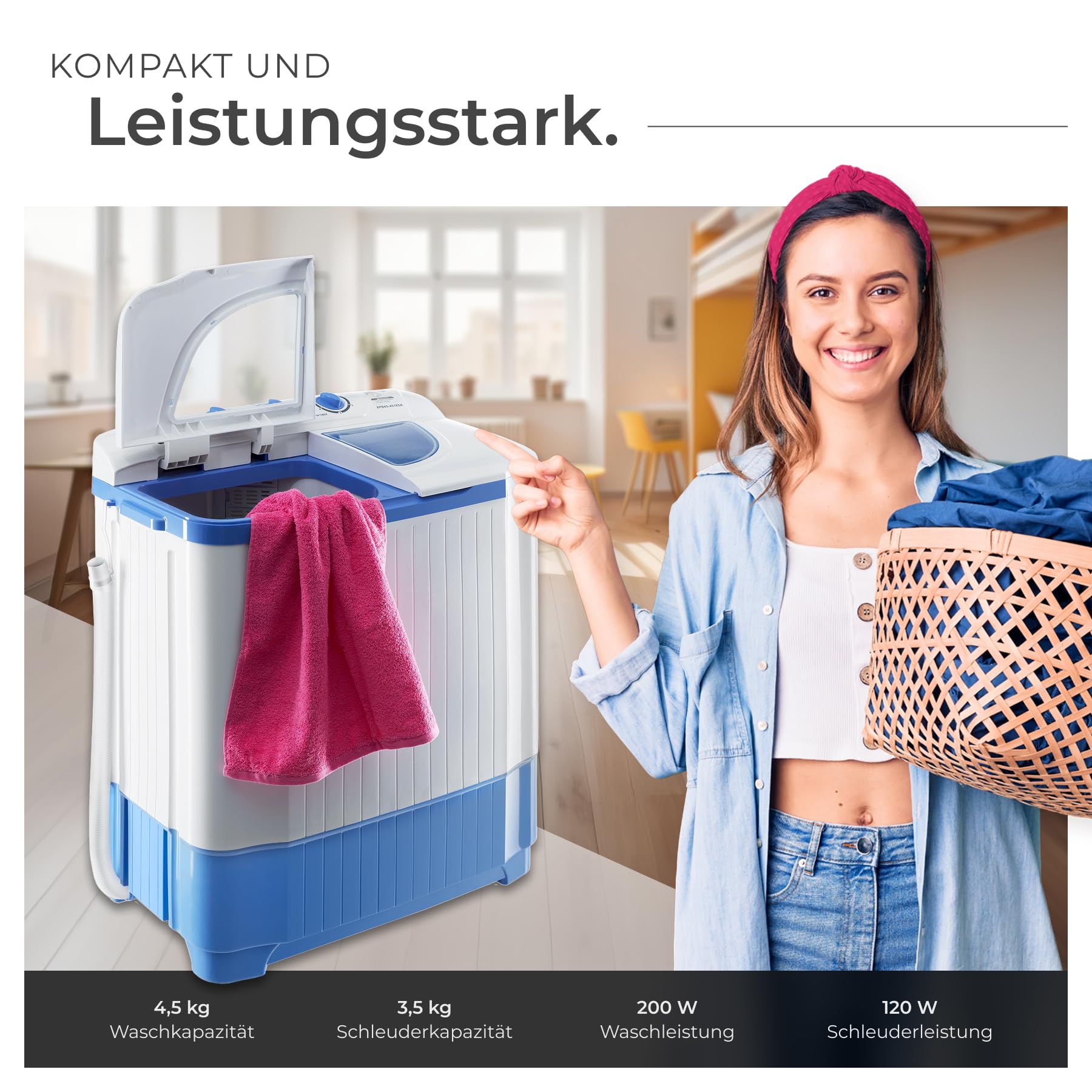 tectake® portable, mobile 4,5 kg Mini Waschmaschine + 3,5 kg Wäscheschleuder Kombination, Toplader für Camping und Reise, Toploader Reisewaschmaschine