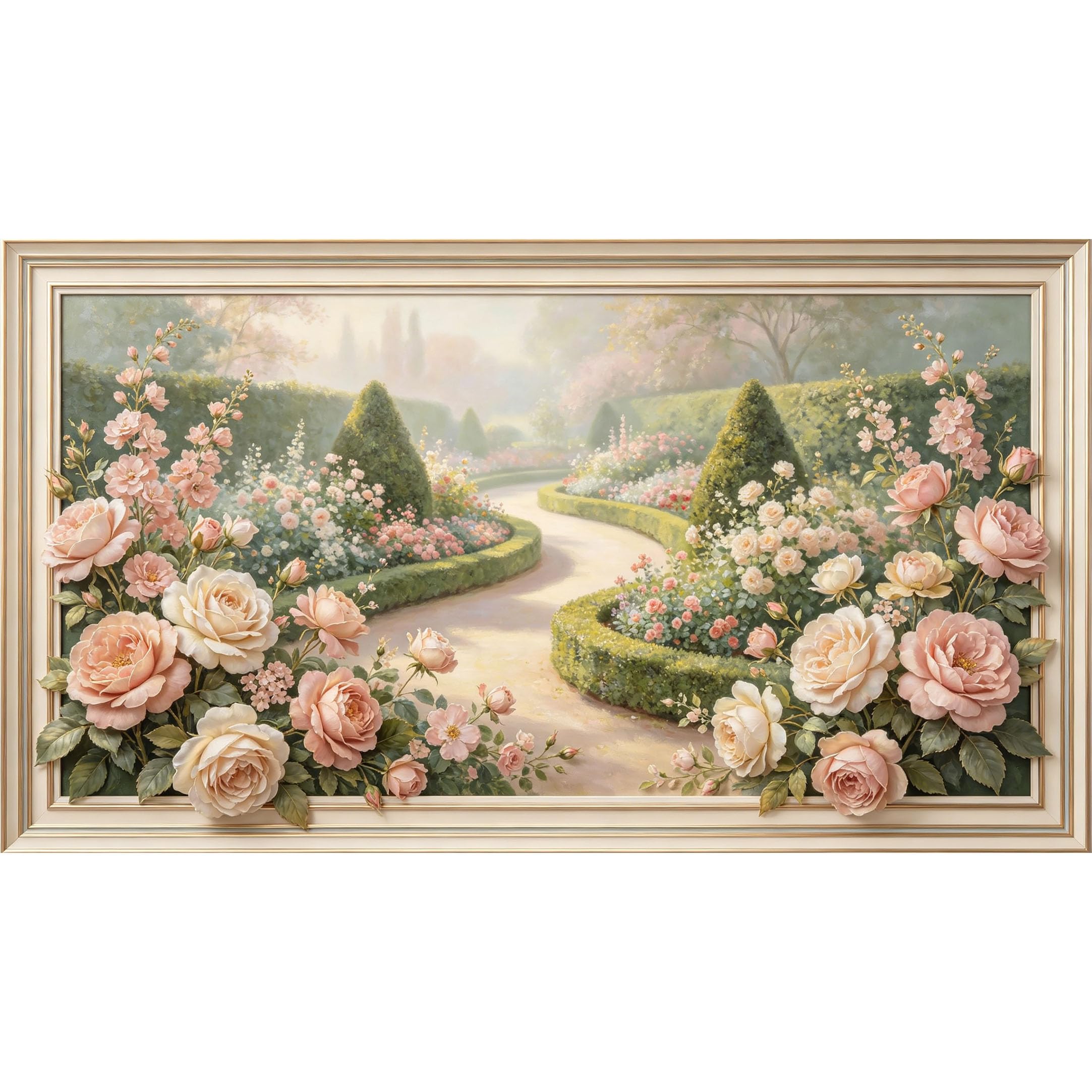 QZLITHOTIC 50x90cm3D Framed Wall Art， Botanical Rose Garden Path Landscape SelfAdhesive Mural， WaterActivated Peel & Stick Fabric Decor Wall Decal for Bedroom Living Room