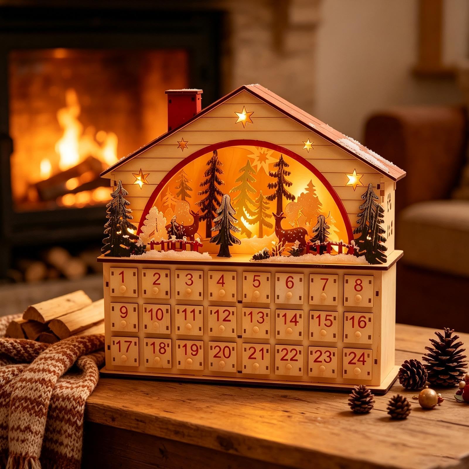Calendario De Cuenta Regresiva Navideña 24 Días Casa De Madera Decorativa | Cuenta Regresiva Con Cajones Para Escritorio, Estantería, Salón Y