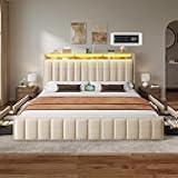 King Size Bed Frame with 4 Storage Drawers and RGB Lights, Velvet Upholstered Platform Bed with Charging Station and Storage Headboard, No Box Spring Needed, Noise-Free, Easy Assembly, Beige