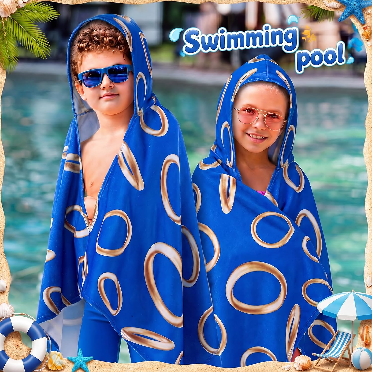 2 Pcs Blue and Gold Ring Hooded Beach Towel for Kids Toddler Poncho Towel Quick Dry Absorbent Soft Swimming Bath Poncho for 1-3 Years Shower Beach Pool Travel Trips Vacations, 58 x 28 Inches