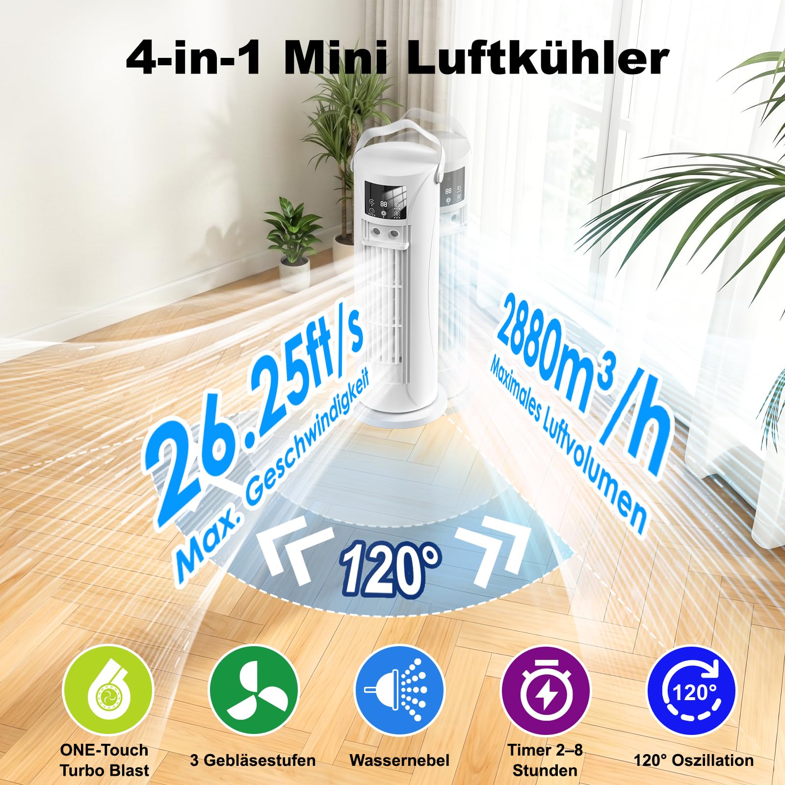 Mobile Klimaanlage Mini mit Kühl- und Befeuchtungsfunktion, Wassernebel-Technologie, 4 Timer-Stufen, 120° schwenkbarer Luftauslass, Weiß