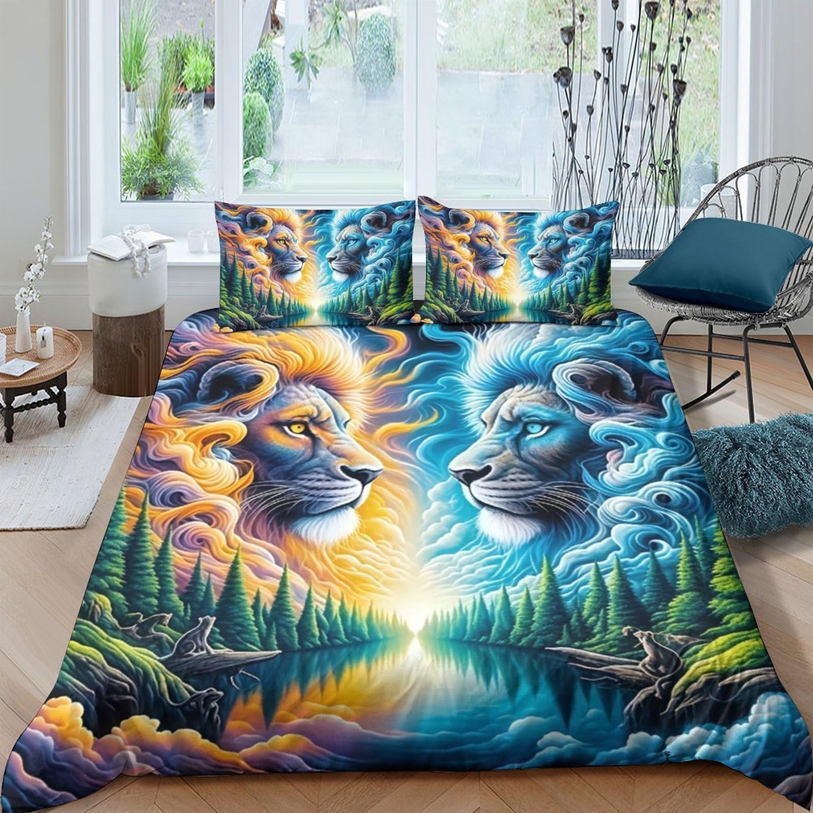 Tyuiopasdfg Colorful-15 Art Lover Lion Duvet Cover Set Microfiber 3 Piece Bedding Set Forest Pattern Soft Easy Care Double（200X200cm）