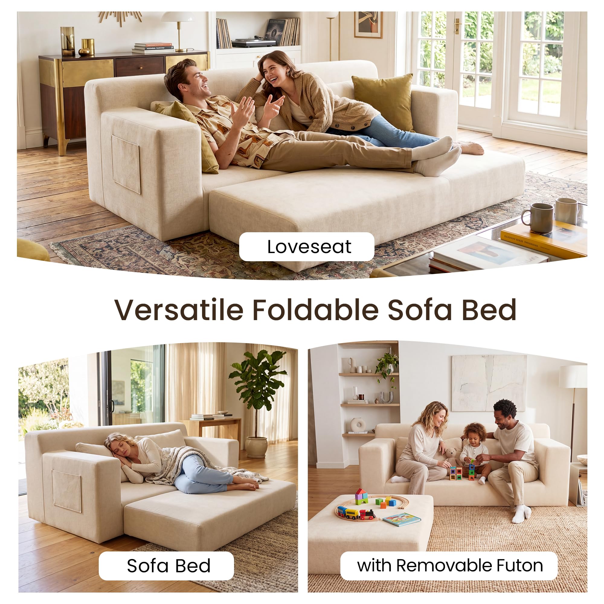 GRUSIGN 71" Boneless Loveseat Couch,Chenille Pullout Futon Couch,4 in 1 Folding 3 Seater Sofa Bed for Living Room,Boneless Cloud Couch with Storage Pocket & 2 Pillows,Beige