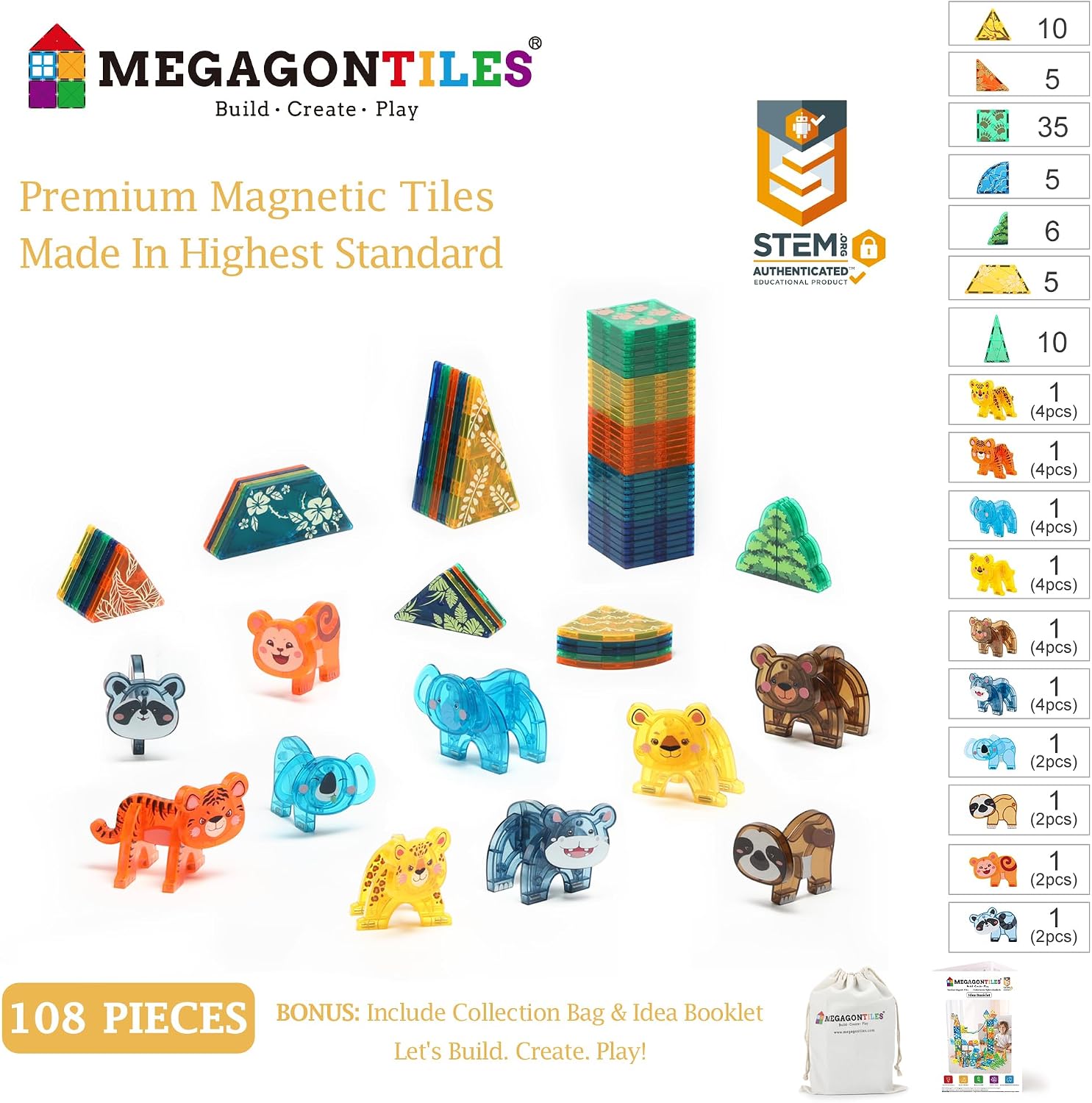MEGAGONTILES Zoo Animals Magnetic Tiles Set 108PCS | STEM-Authenticated Magnetic Building Blocks with Animal Figures | Educational Construction Toy for Toddlers & Kids Ages 3–8 (Boys & Girls)