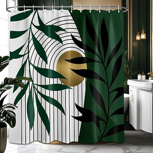 Cortina de ducha verde oliva y dorado, cortinas de ducha bohemias modernas de mediados de siglo para decoración de baño, tela impermeable con