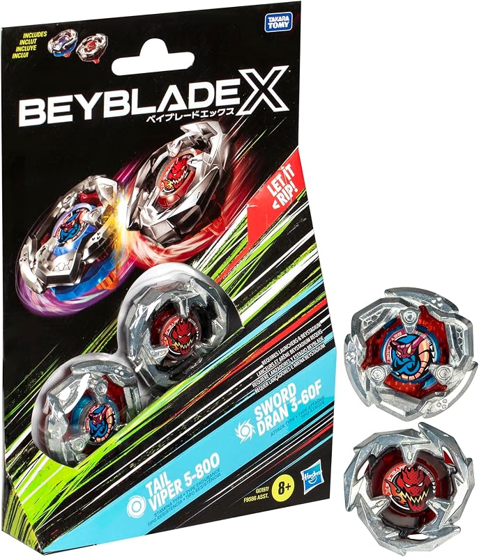 Beyblade X Tail Viper 5-80O and Sword Dran 3-60F Dual Pack Set with 2 Right-Spinning Tops; Battling Top Toys for 8 Year Old Boys and Girls