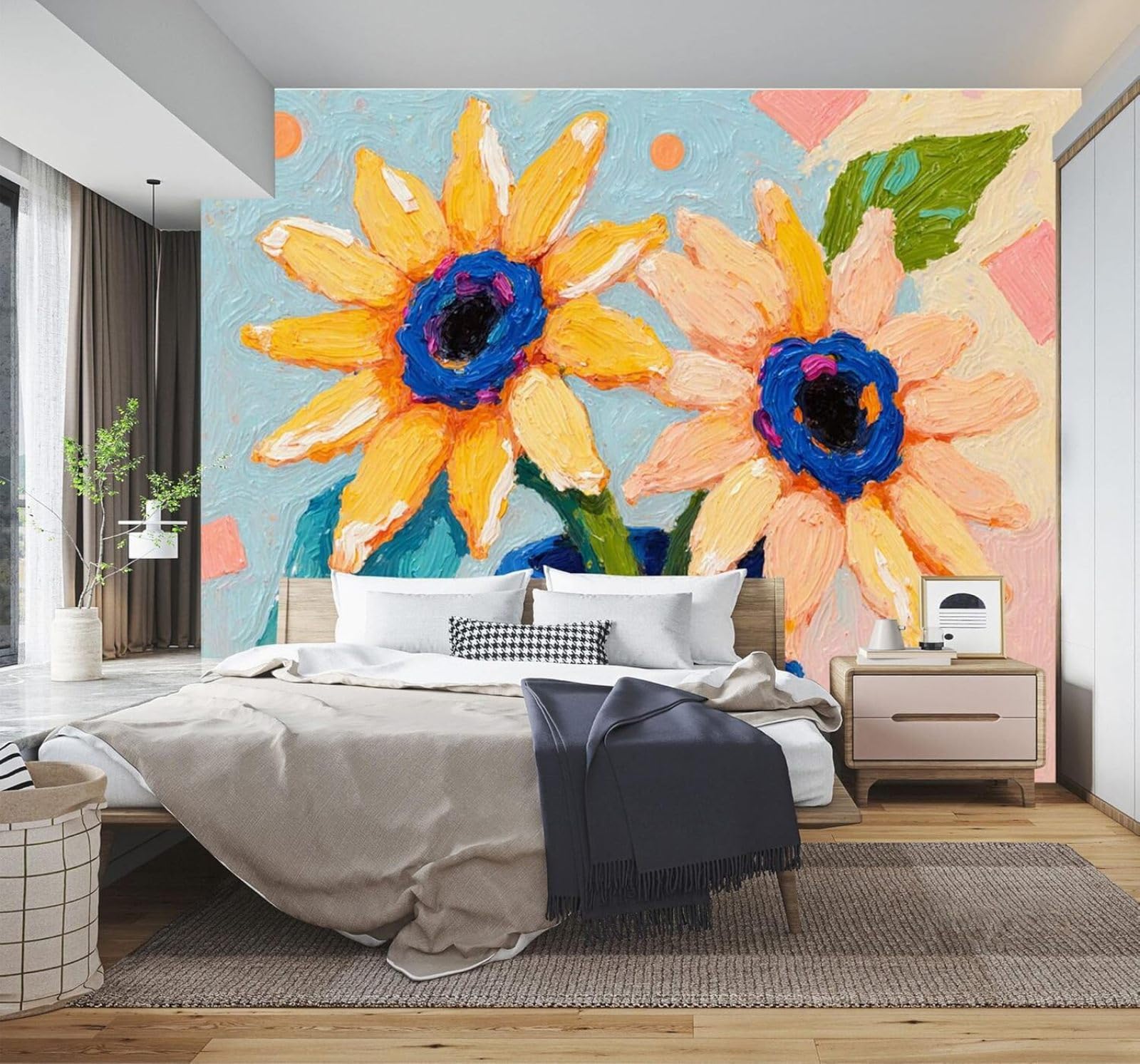 3D Carta da Parati Vaso Blu Girasoli Dai Colori Vivaci Astratto Dipinto