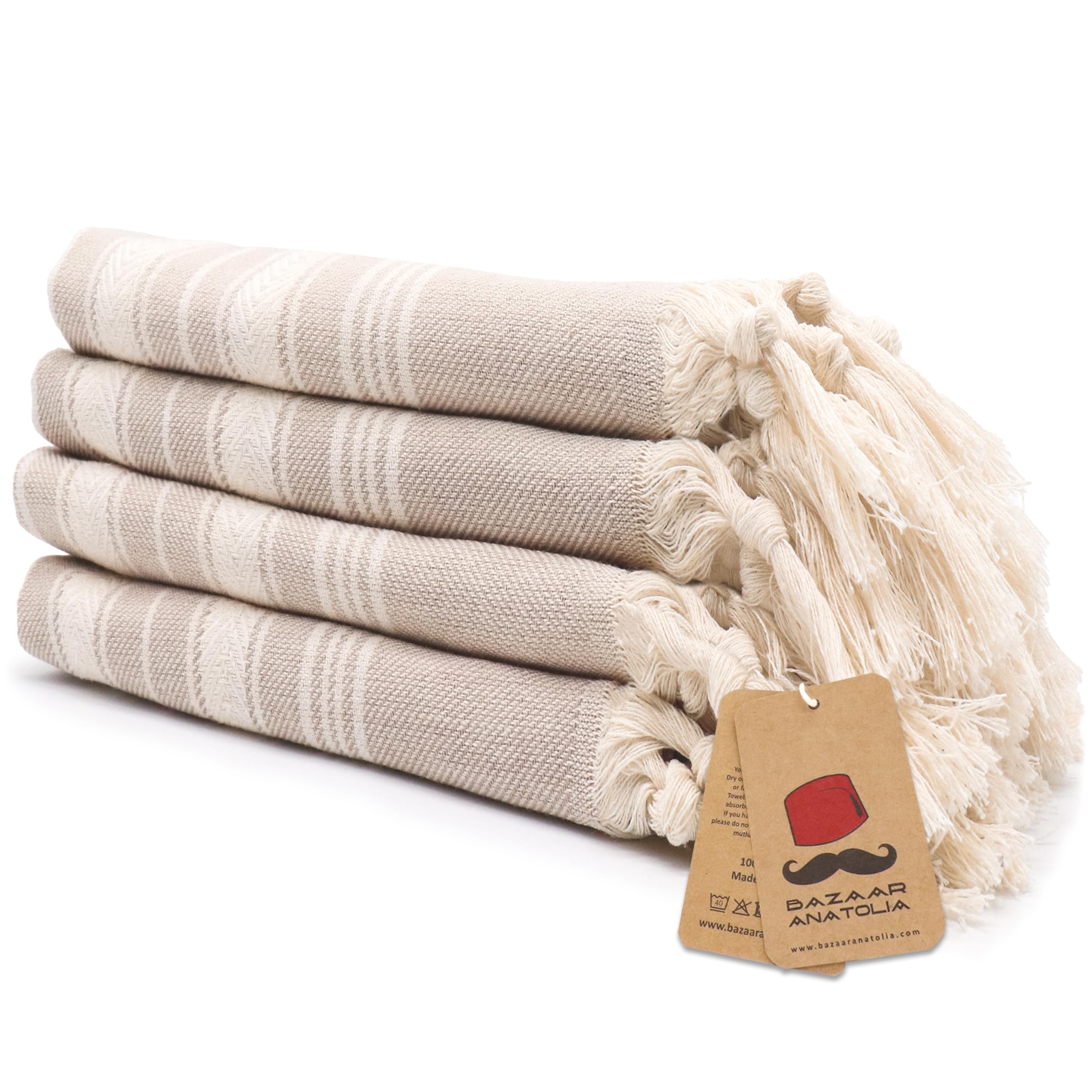 Bazaar Anatolia Hand Towels - Set of 4 | 39" x 19" - Decorative Turkish Hand Towel for Bathroom, 100% Cotton, Kitchen, Face, Hair, Tea, Dishcloth, Guest Towels Cream - Stripe Beige