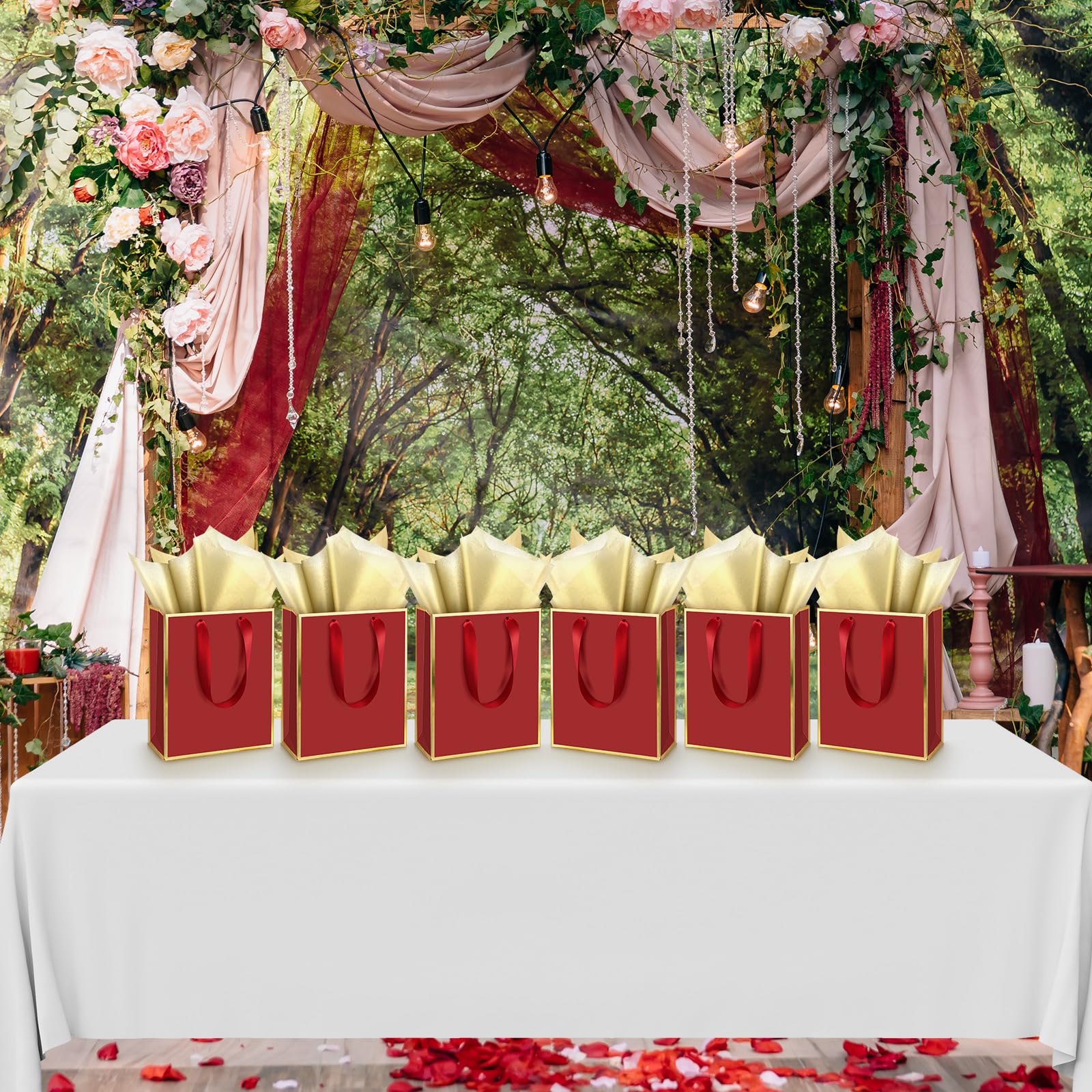 Yeaqee 50 Pack Metallic Gift Bags with Handle and Tissue Paper Gold Foil Thank You Bag for Graduation Wedding Groomsmen Bridal Baby Shower Gifts Holiday Party Favors 9x7x3.15'' (Burgundy Gold)