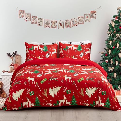 Christmas Duvet Cover Set Queen,Xmas Tree Reindeer Printed Bedding Set Soft Lightweight Comforter Cover for Festive Bedroom Decor 3 Pieces(1 Duvet