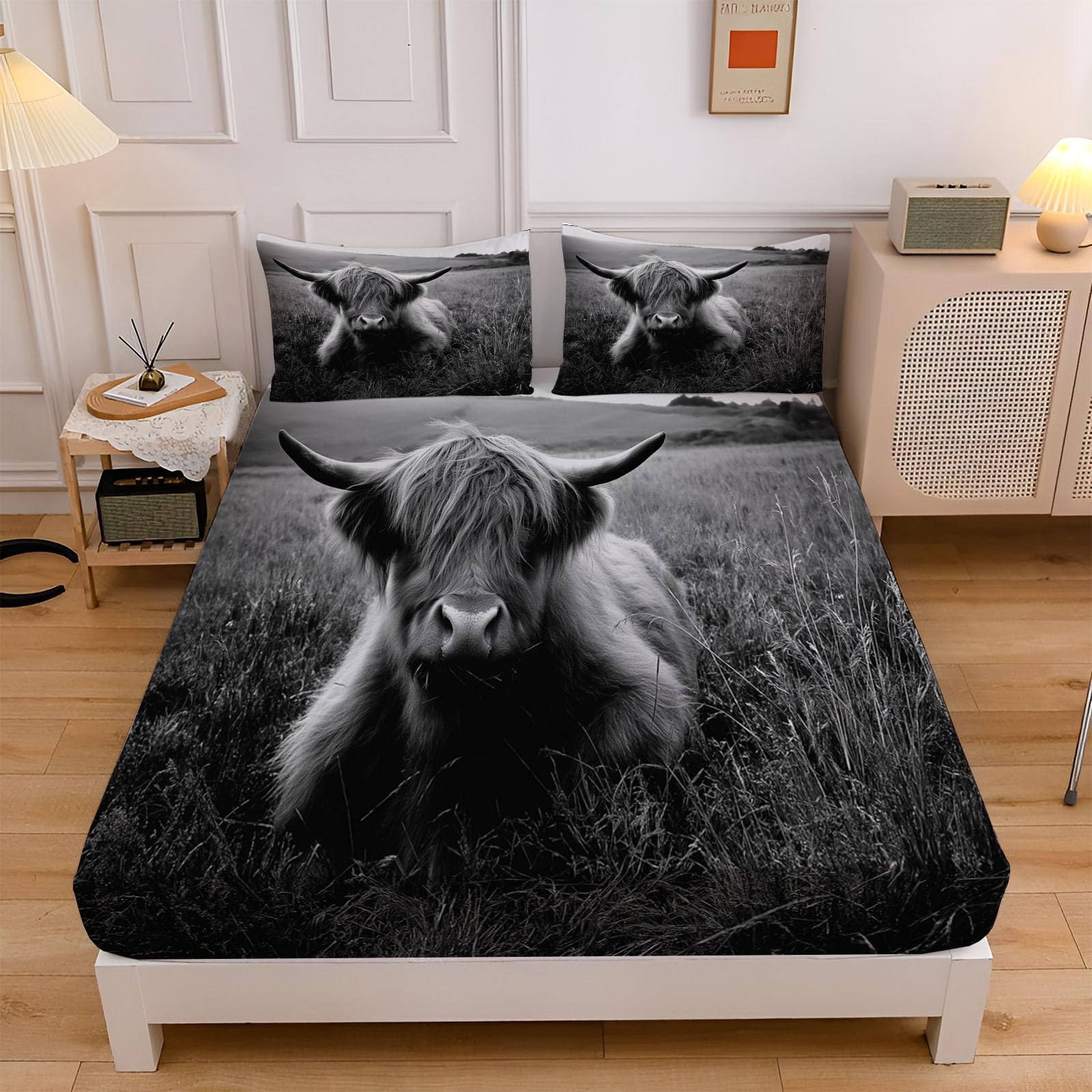 Sábanas 200X190/200Cm - Juego De Sábanas 3 Piezas Estampadas Ganado Tierras Altas Vintage - Microfibra Suave Transpirable - Sábana Bajera Ajustable - Ropa De Cama Animales Pastizales (Blanco Negro)