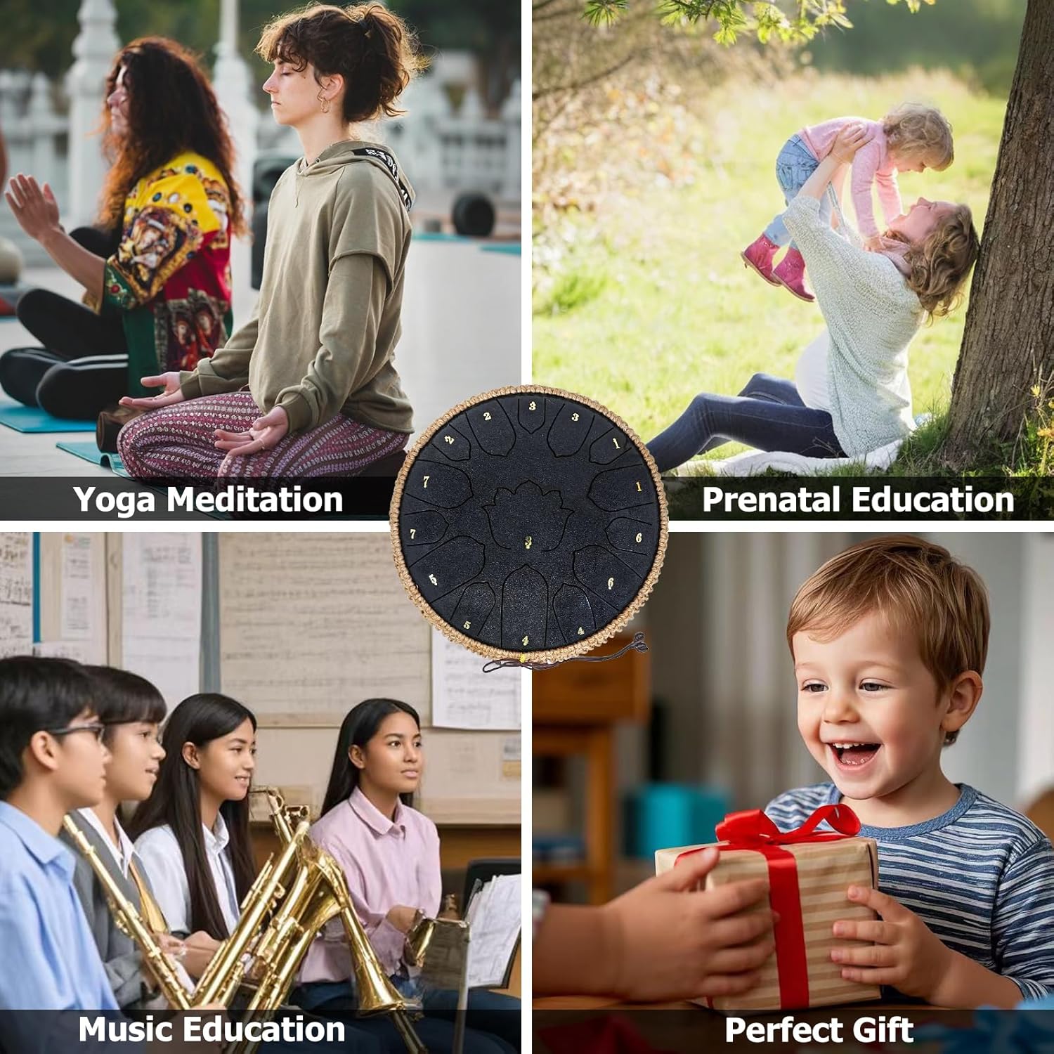 BETESINE 13-Inch 15-Note Steel Tongue Drum in C Major, Beginner-Friendly Meditation Drum with Mallets, Music Book, Finger Picks, Carry Bag & Note Stickers, Starry Black