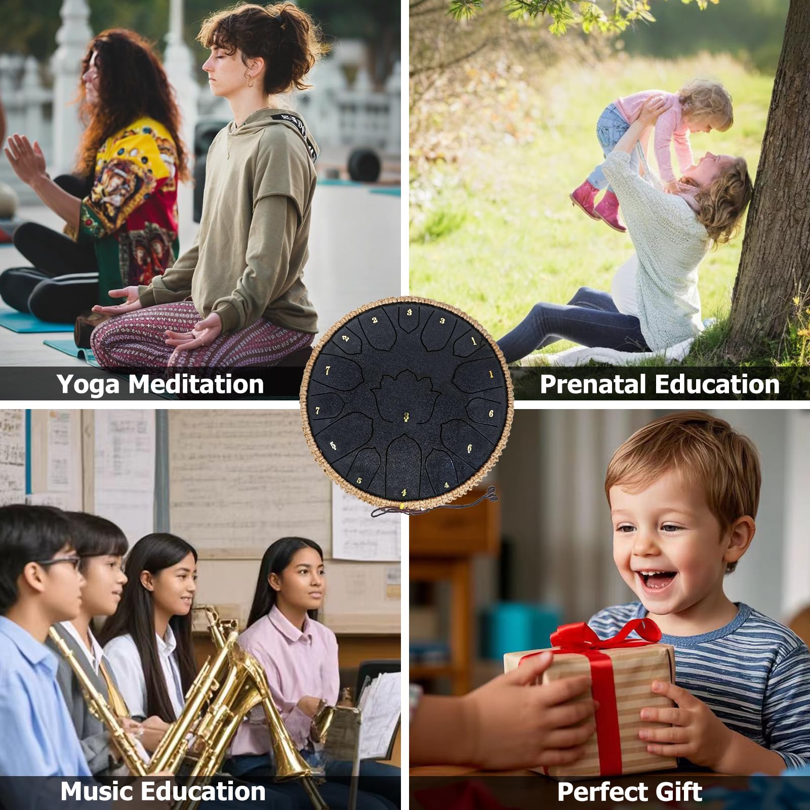 BETESINE Tambor de lengua de acero de 13 pulgadas y 15 notas – C Major Handpan & Rain Drum para yoga, meditación y alivio del estrés – Incluye mazos, libro de música y bolsa de transporte (negro