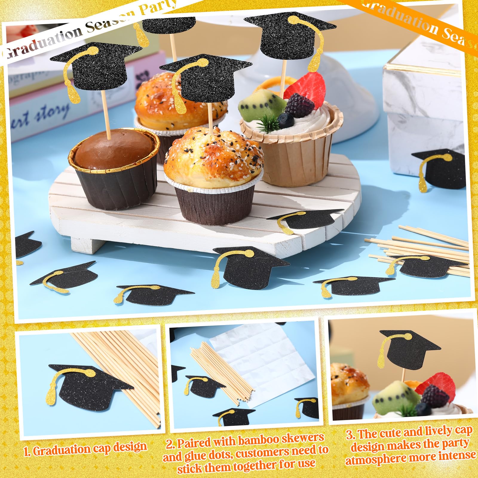 Leinuosen 100 Pcs 2025 Graduation Cap Cupcake Toppers Bulk Glitter Congrats Grad Cap Cupcake Picks with Tassels for Class of 2025 Graduate Party Cake Decorations Supplies(Gold Tassel)