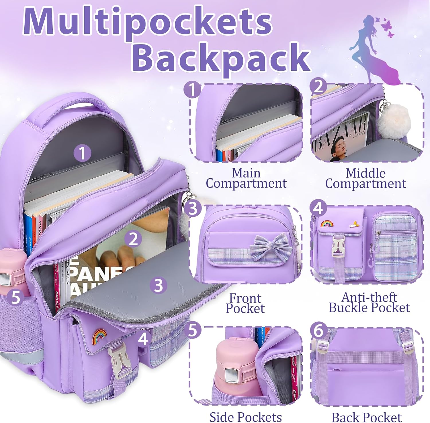 School Backpack for Girls Kids Bookbag for Elementary Middle School Casual Travel Daypack Teen Backpacks Purple Set - Image 2