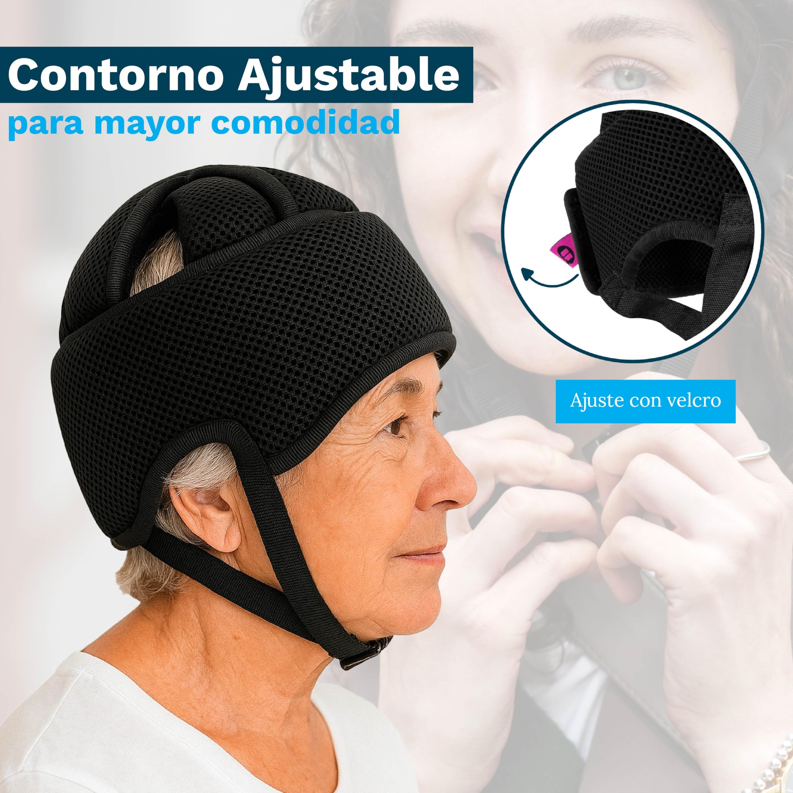 Ubio Casco de Protección Craneal Negro, Tejido Transpirable - Protector para la Cabeza Personas Mayores, Epilepsia, Convulsiones, Niños, Adultos - Arnés de Mentón Ajustable 50-54cm Fabricado en España