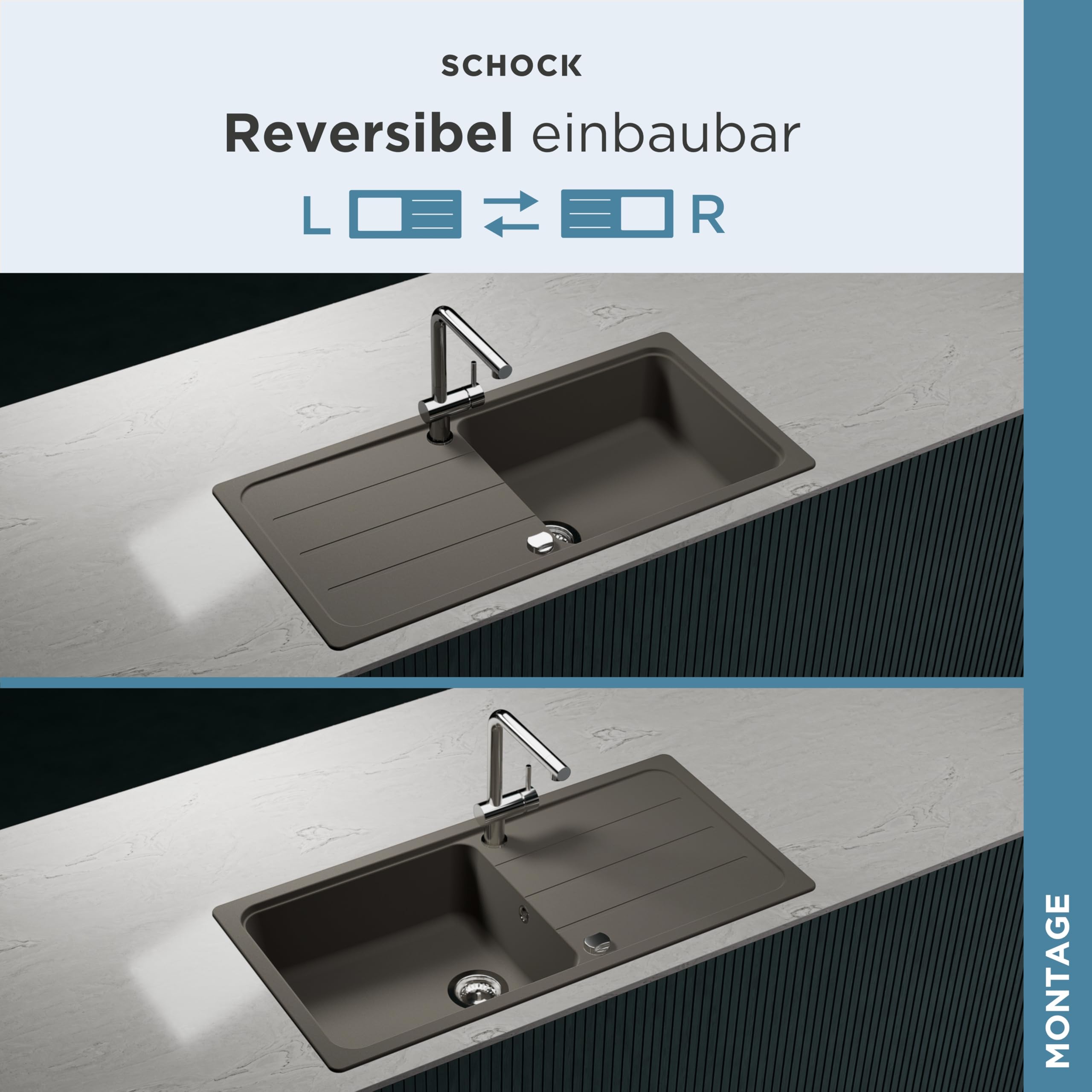 SCHOCK Granitspüle Formhaus D-100L Asphalt I Einbauspüle für 60 cm Unterschrank I Küchenspüle mit Abtropffläche I CRISTALITE Spüle hitzebeständig kratzfest I Design Spüle schwarz robust & pflegeleicht