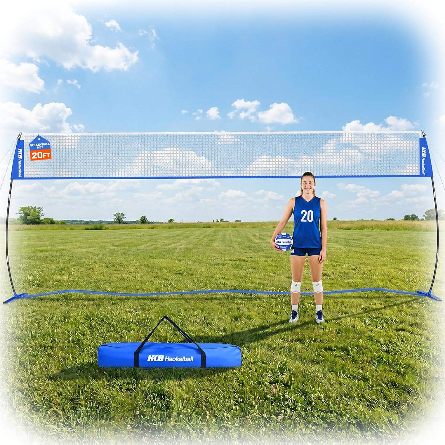 Haokelball Portable Volleyball Net for Backyard, 20ft Freestanding Volleyball Set with Adjustable Height & Widened Base, Outdoor/Indoor Practice Net with Volleyball, Carry Bag, Stakes & Ropes