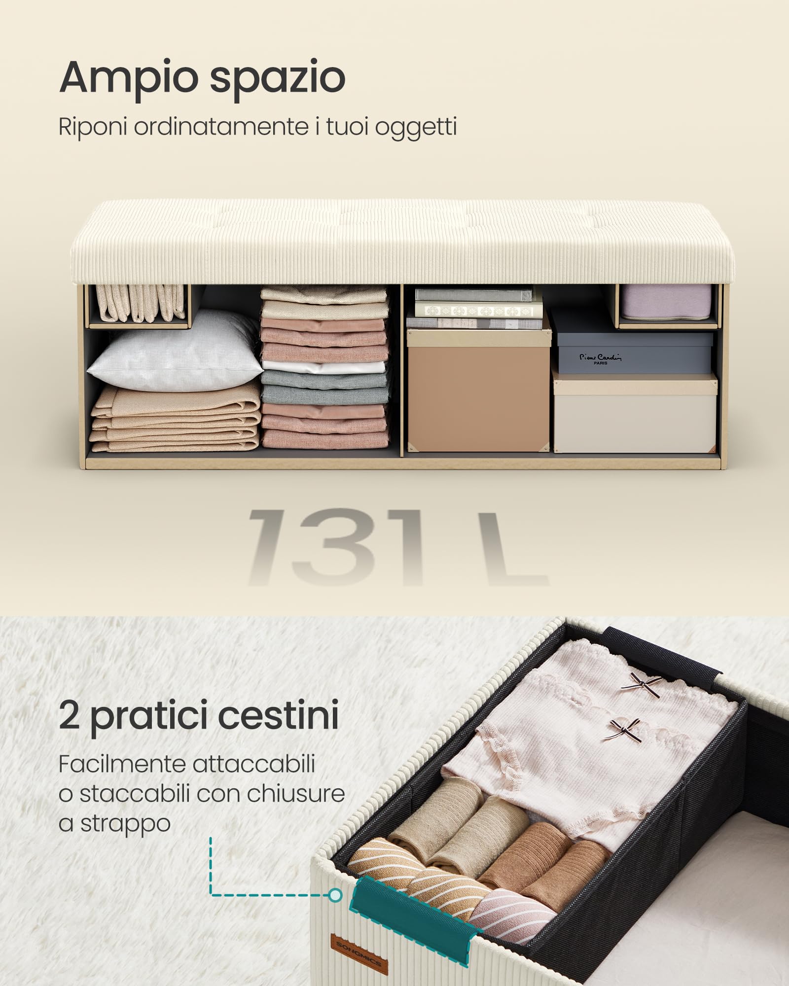 SONGMICS Panca Contenitore, Pouf Pieghevole, 38 x 110 x 38 cm, Panca da Fondo Letto, Cassapanca, Capacitàdi Carico 300 kg, per Soggiorno, Camera da Letto, Ingresso, Bianco Crema LSF604W01