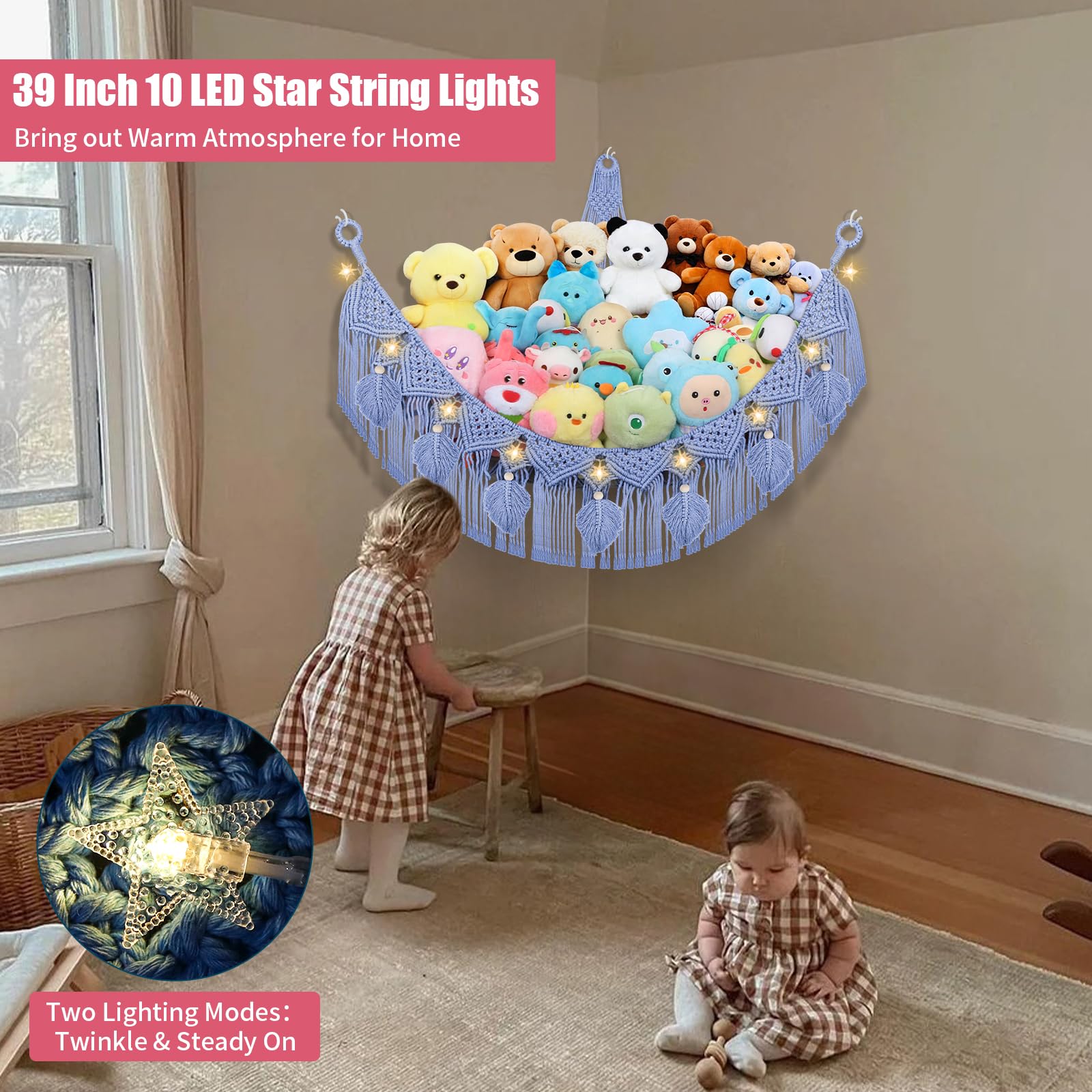 Stofftier-Hängematte, Boho-Blattquasten, Eckspielzeughalter, Wandmontage, Hängenetz-Organizer für Kinderzimmer, Dekoration, Plüschtiernetz mit Lichterkette für Jungen und Mädchen, Himmelblau