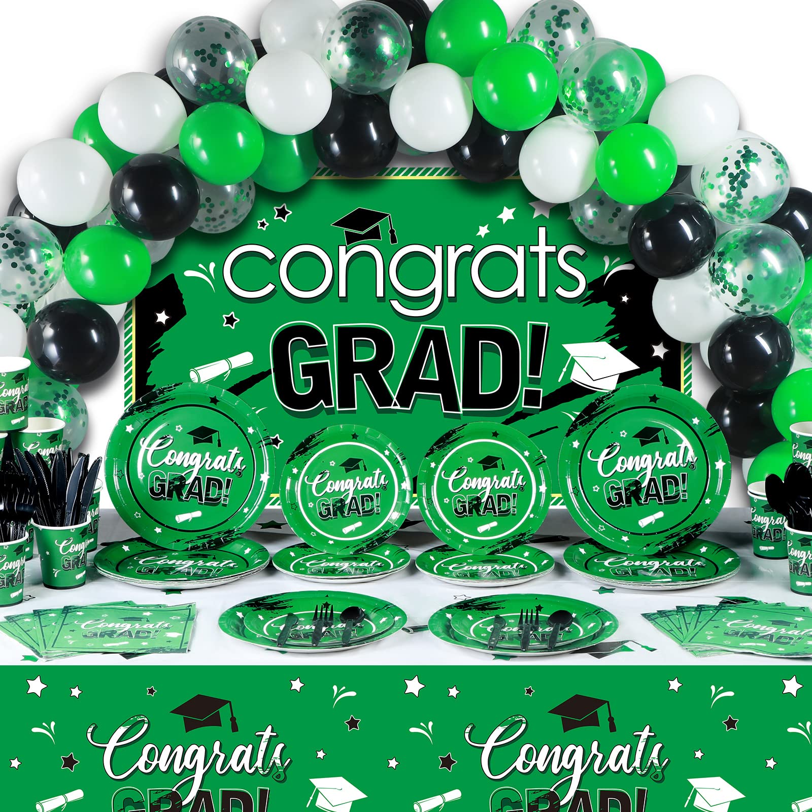 Photo 1 of 221 Pcs Graduation Party Supplies with Grad Backdrop Tablecloth Latex Balloons Disposable Paper Plates Napkins Cups Knives Spoons Forks for College High School Graduation Decorations (Green)