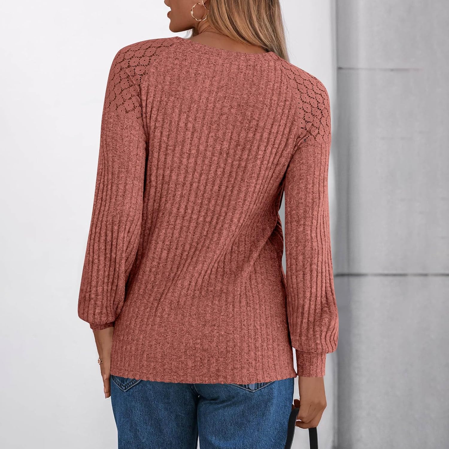 Womens Long Sleeve Tunic Fall Tops Casual Crew Neck Dressy Shirt Lace Patchwork Blouses Pullover Solid Rib Sweaters