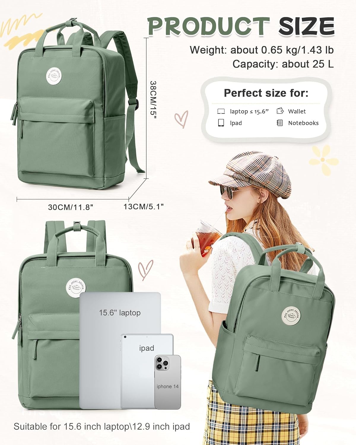 Large Light Green School Backpack for Women Teen Girls, Bookbag College Student Backpack for School Men Boys, Mochilas Escolares Casual Daypack Lightweight Book Bag