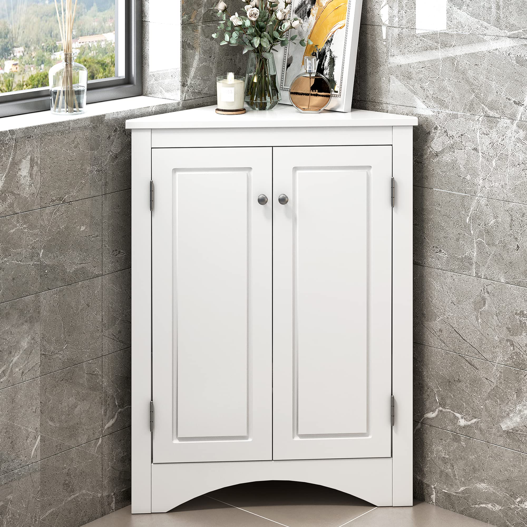 Amposei Triangle Corner Storage Cabinet for Small Spaces, Free Standing Bathroom Floor Cabinet with Adjustable Shelves for Living Room Laundry Kitchen, White