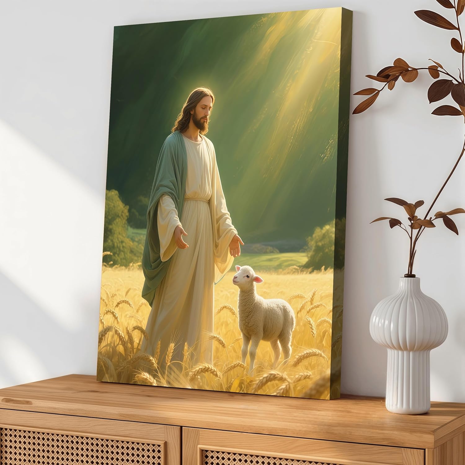Jesus and the Lamb Canvas Wall Art Christian Religion Gentle Lamb Poster Print Gallery Home Decor Painting Suitable for Bedroom Living Room Church Prayer Room 12x16 inches Ready to Hang - Image 2