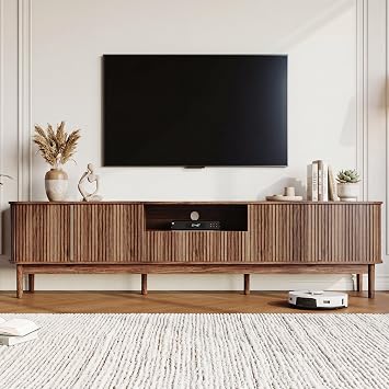 86in Fluted Walnut TV Stand for 85 Inch TV, Mid Century Media Console Table