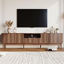 HOUROM 86.6" Wide Fluted Mid Century TV Stand for TVs up to 85 Inch,Walnut TV Console Table with Large Storage & Sliding Doors,Media Console with Adjustable Shelves for Living Room,Bedroom
